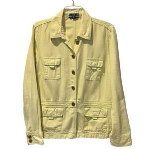 Lands' End Linen Blend Lime Green Utility Safari Jacket Multi Pocket Size 16